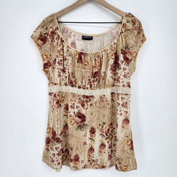 VTG Earthy Women's Babydoll Top Size 1X Tan Oxblood Floral‎ Lace Goblincore Boho - Picture 2 of 8